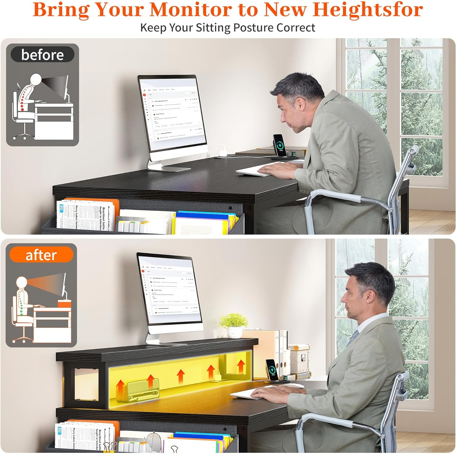 EnHomee 56.5" Computer Desk with Monitor Stand, Office Desk with Fabric File Cabinet, Gaming Computer Desk for Home Office