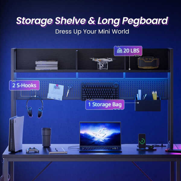 Gaming Desk Computer Desk with Storage, L Shaped Desk with Power Outlet & LED Strip, Office Desk with Pegboard, Corner Deck for