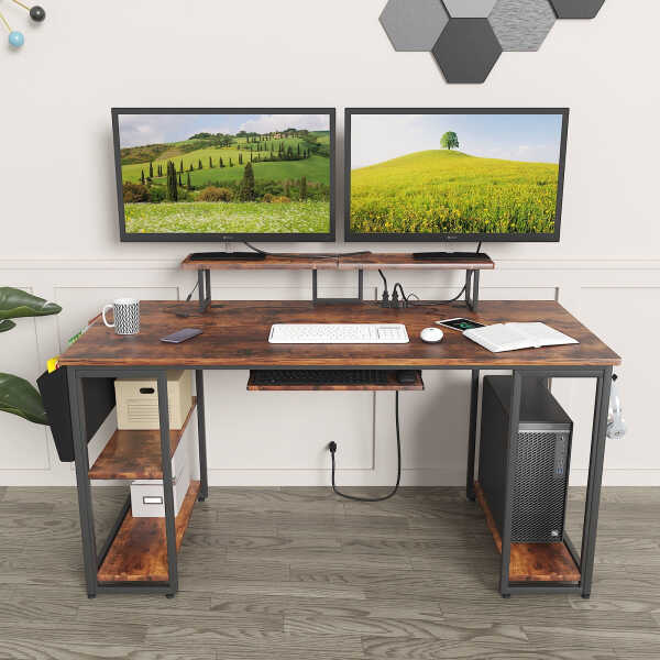 53" Gaming Desk with LED Lights & Power Outlets, Modern Computer Desk with Monitor Stand & Storage Sheves for Home Office, Black