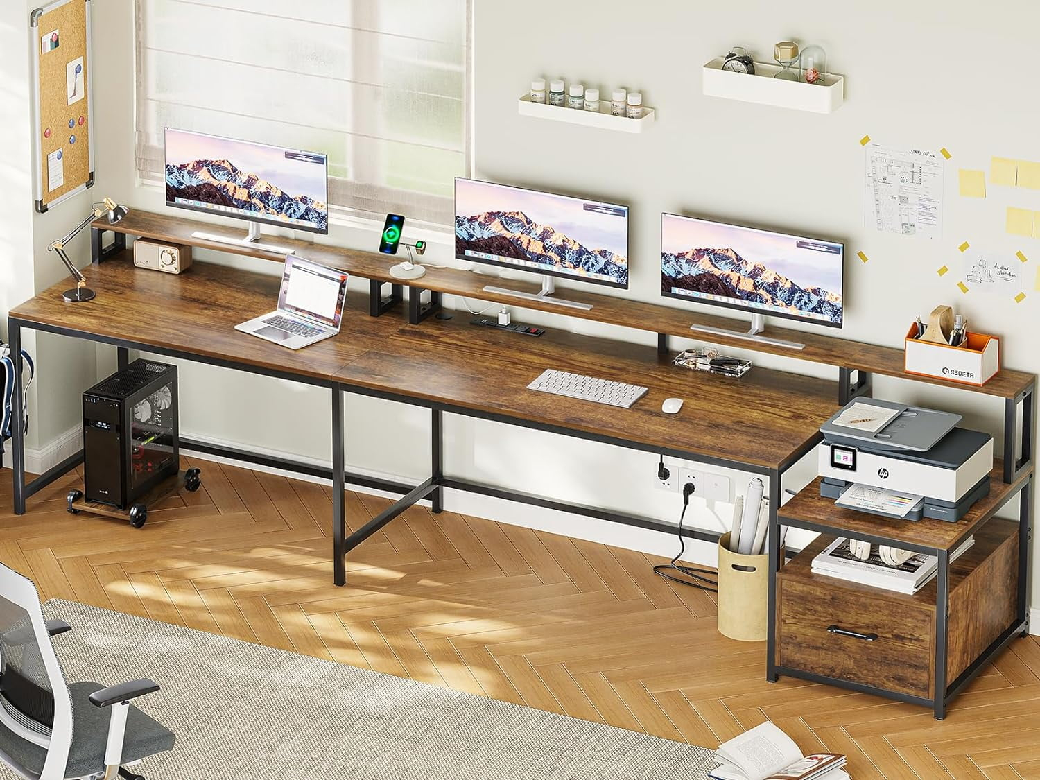 L Shaped Desk with Power Outlet and LED Lights, Corner Computer Desk with File Drawer for Home Office, Gaming Desk, Rustic Brown