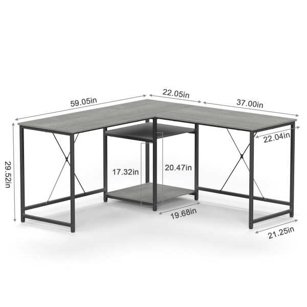 JOZ 59" L Shaped Gaming Desk, Two-Way Convertible Computer Desk with Storage Shelves for Rooms, Corner and Home Office in Rock