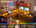 Enhomee L Shaped Desk, Gaming Desks with Power Outlet & LED Light Computer Deskwith Drawers & Storage Shelves Black