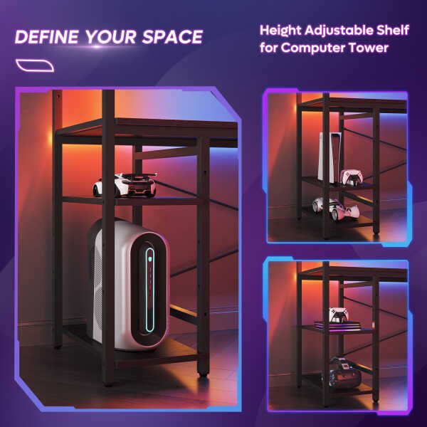 Bestier 61" Reversible Gaming Desk with PC Shelf Computer Desk with LED Light Carbon Fiber
