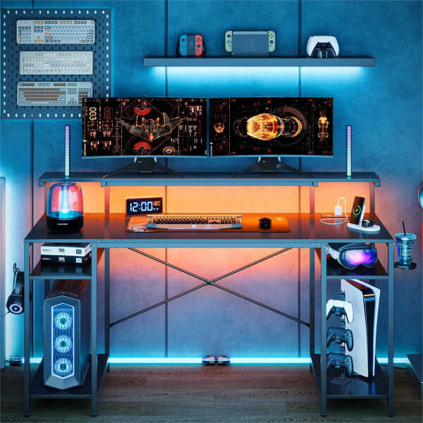 Bestier Gaming Desk with LED Light & Outlets 55" Computer Desk with Monitor Stand, Black Carbon Fiber