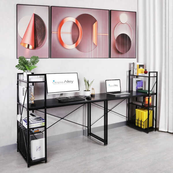 Utopia Alley Computer Desk with Shelves - 47-inch Black Metal Desk with 4-Tier Storage Bookshelves, Rustic Brown & Black Black