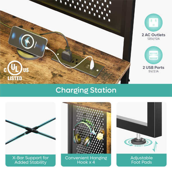 Bestier Gaming Desk with Power Outlets & LED Light, 39.3 Inch Computer Desk Office Table with Storage Shelves Pegboard, Rustic