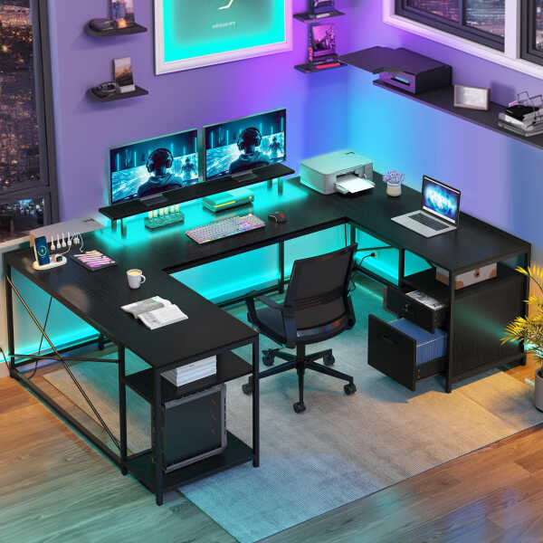 DWVO L Shaped Desk with Power Outlets & LED Lights, Reversible Computer Desk with Drawers & Storage Shelves, Large U Shaped