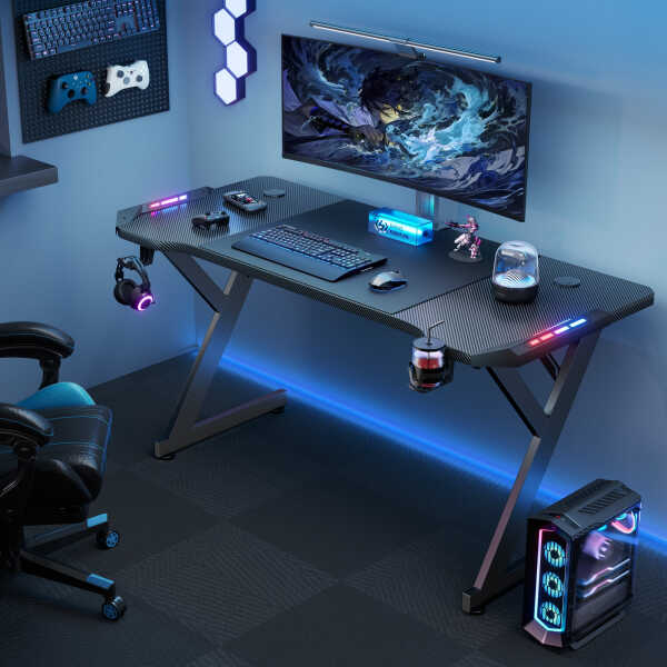 HLDIRECT 40 inch Gaming Desk with LED, Ergonomic Computer Table for Adult and Teen, Black