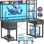 iSunirm Desk with LED Light and Power Outlet, 47.2'' Gaming Desk with Hutch, Reversible Computer Desk with Drawers, and Storage