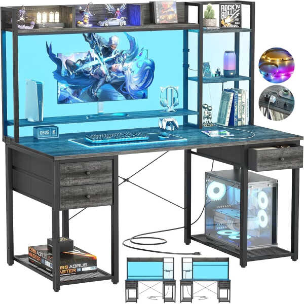 iSunirm Desk with LED Light and Power Outlet, 47.2'' Gaming Desk with Hutch, Reversible Computer Desk with Drawers, and Storage
