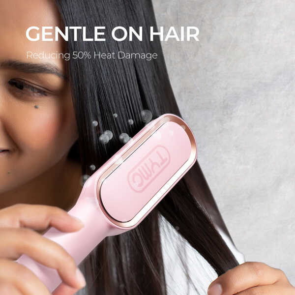 TYMO Ring Hair Straightener Brush, Hair Straightening Iron with Built-in Comb, Anti-Scald & Dual Voltage, Pink
