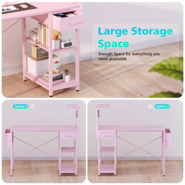 Eunon 44 inch Gaming Computer Desk with LED Lights, Reversible 4 Tier Storage Shelves & Drawer,Pink