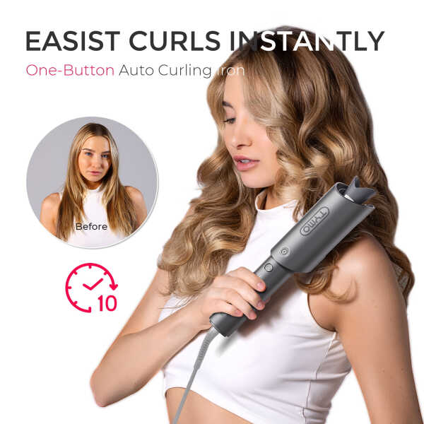 TYMO CURLPRO Automatic Curling Iron, Rotating Hair Curler for Lasting Beach Waves, 500M Ionic, Dual Voltage & Lightweight, 1