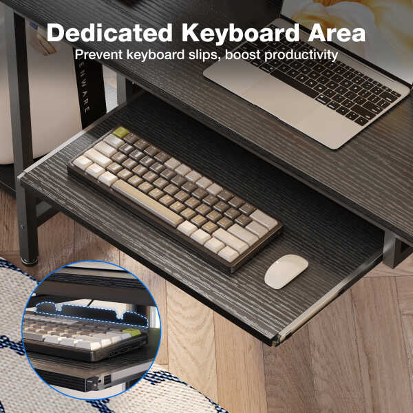55 Inch Reversible Gaming Desk with Power Outlets and LED Light, Office Desk with File Cabinet & Drawer, Computer Desk with