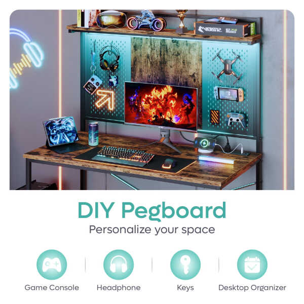 Bestier Gaming Desk with Power Outlets & LED Light, 39.3 Inch Computer Desk Office Table with Storage Shelves Pegboard, Rustic