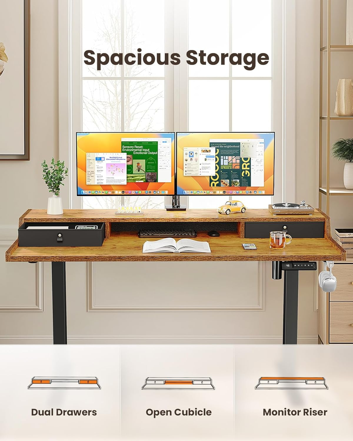 CHITOOMA 63&Prime x 28&Prime Electric Standing Desk with Drawers, Height Adjustable Gaming Desk with Monitor Stand & Storage