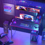 Eunon 44 inch Gaming Computer Desk with LED Lights, Reversible 4 Tier Storage Shelves & Drawer,Pink