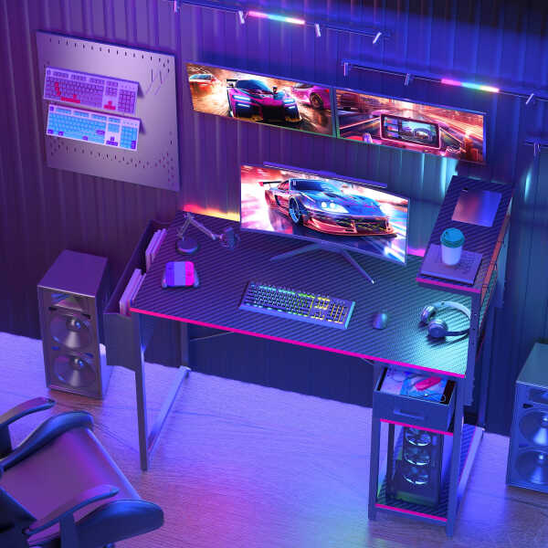 Eunon 44 inch Gaming Computer Desk with LED Lights, Reversible 4 Tier Storage Shelves & Drawer,Pink