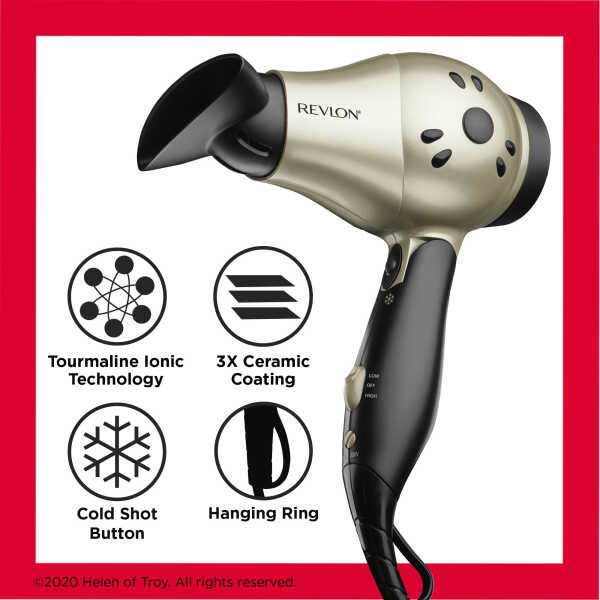 Revlon 1875W Folding Handle Ionic Travel Hair Dryer, Black and Gold