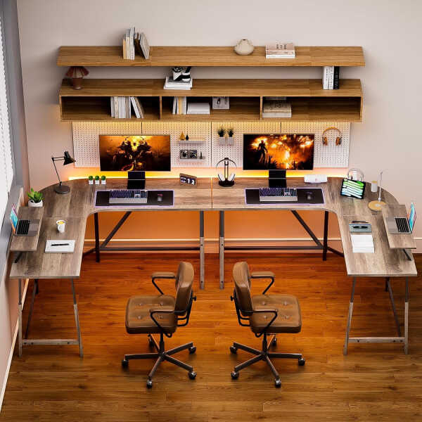 Flyicty 55'' L Shaped Gaming Desk, Ergonomic Corner Desk with Monitor Stand, Computer Desk for Home Office Study Writing