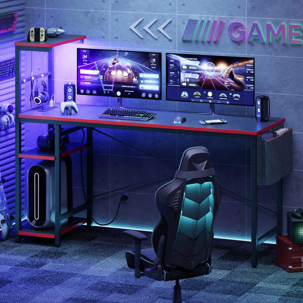 Bestier 61" Reversible Gaming Desk with PC Shelf Computer Desk with LED Light Carbon Fiber