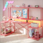Bestier 71.5 inch Gaming Desk with LED Lights & Power Outlet, L Shaped Computer Desk with Hutch & Adjustable Shelves, Pink 3D