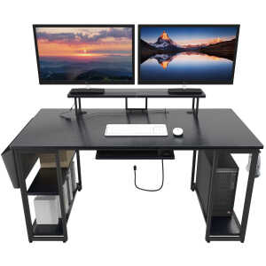 53" Gaming Desk with LED Lights & Power Outlets, Modern Computer Desk with Monitor Stand & Storage Sheves for Home Office, Black