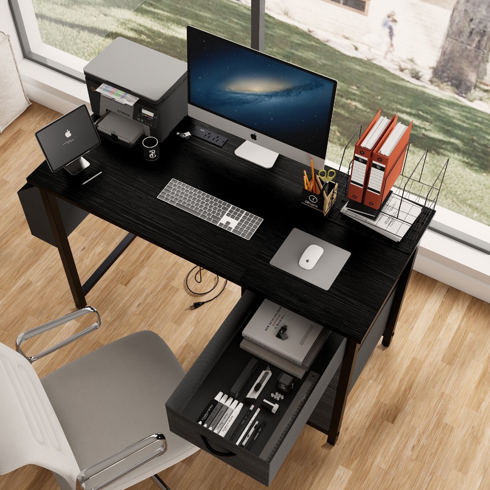 47" Office Desk with Power Outlet, 3 Drawers, Large Side Pocket, Desk Easy to Assemble, Frame Stability Reversible, for Home