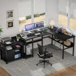 Homieasy Reversible L Shaped Desk with Magic Power Outlets and USB Charging Ports, Sturdy Corner Computer Desk with Storage
