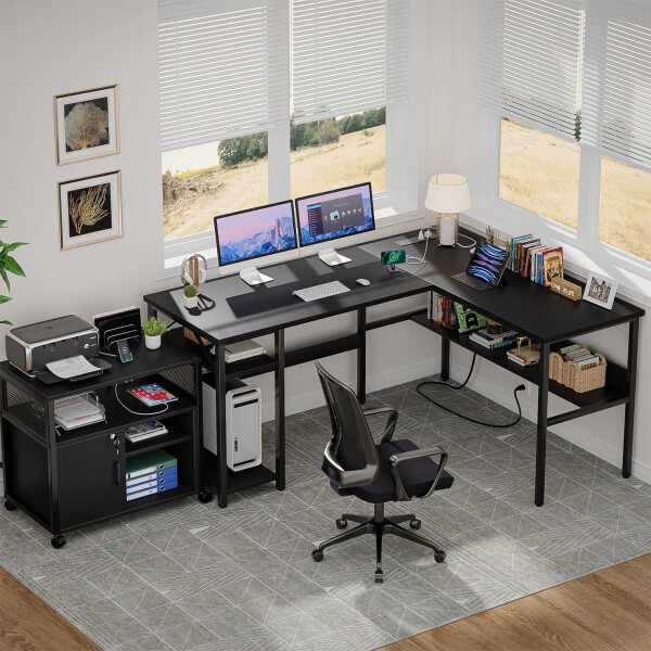 Homieasy Reversible L Shaped Desk with Magic Power Outlets and USB Charging Ports, Sturdy Corner Computer Desk with Storage