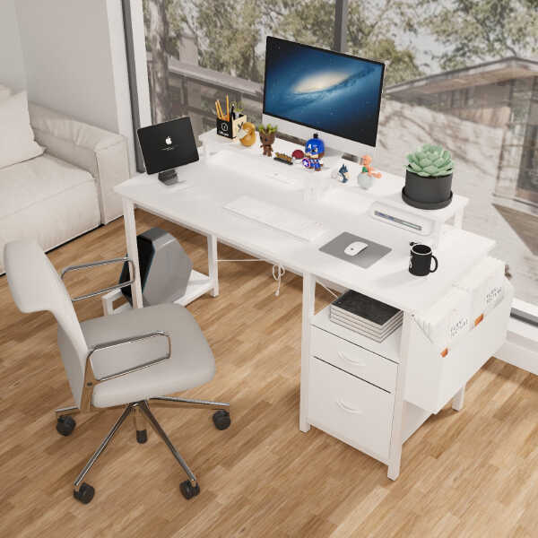 47" Office Desk with Power Outlet, 2 Monitor Stands, 2 Drawers, Side Pocket, Easy to Assemble, Frame stability Reversible, Use