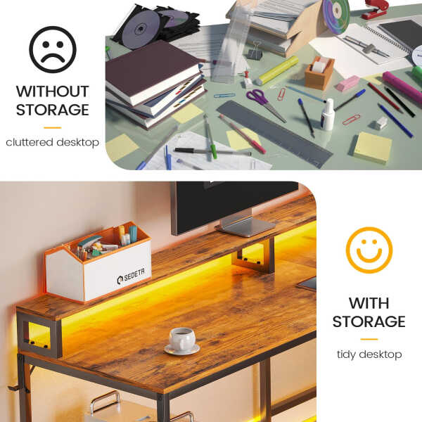 L Shaped Desk with Power Outlet and LED Lights, Corner Computer Desk with File Drawer for Home Office, Gaming Desk, Rustic Brown