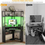 Homieasy Corner Computer Desk with Power Outlets & LED Light, Corner Desk with Hutch, Triangle Gaming Desk with Keyboard Tray,