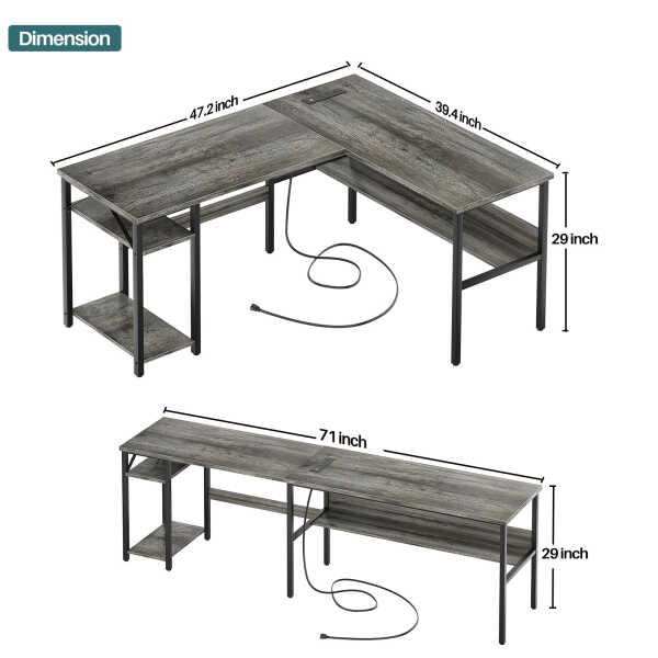 Homieasy Reversible L Shaped Desk with Magic Power Outlets and USB Charging Ports, Sturdy Corner Computer Desk with Storage