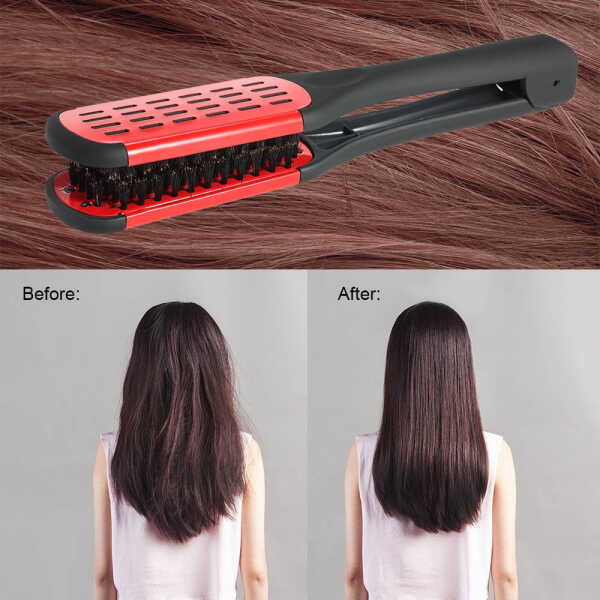 SHELLTON Hair Straightener Brush, Anti-static Dual-Brush Comb, Professional V-Shaped Clamp Styling Comb Tool for Home and
