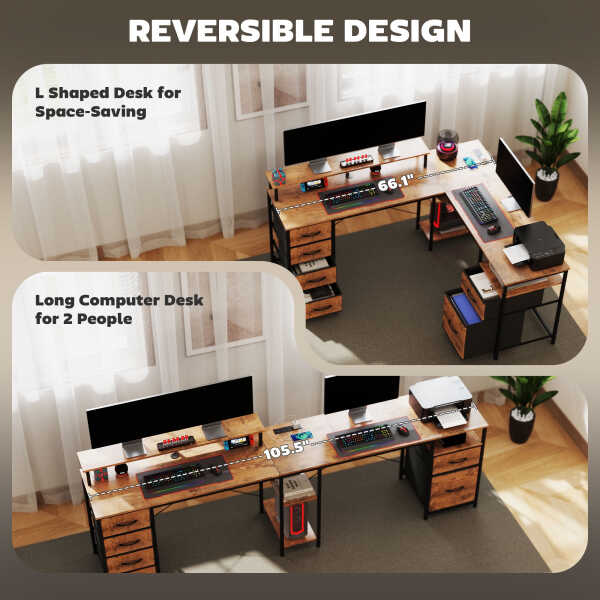 HOMCOM 66" Reversible L Shaped Desk with File Drawer, 105" Two Person Desk with Power Outlet and LED Light, Monitor Shelf and