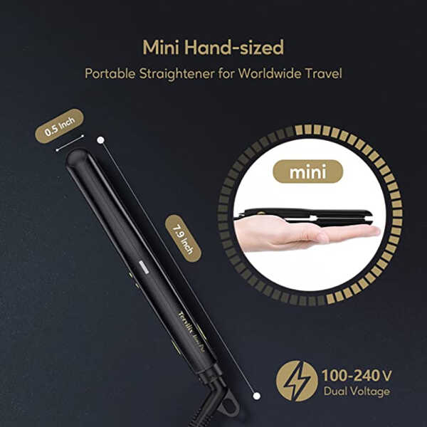 Terviiix 1/2'' Travel Hair Straightener for Heat Adjustable, Mini Portable Ceramic Flat Iron, Black