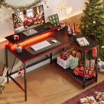 Pinmoco 42" Reversible L-Shaped Gaming Desk with Monitor Stand, LED Lights& Headset Hooks, Home Office, Carbon Fiber Black