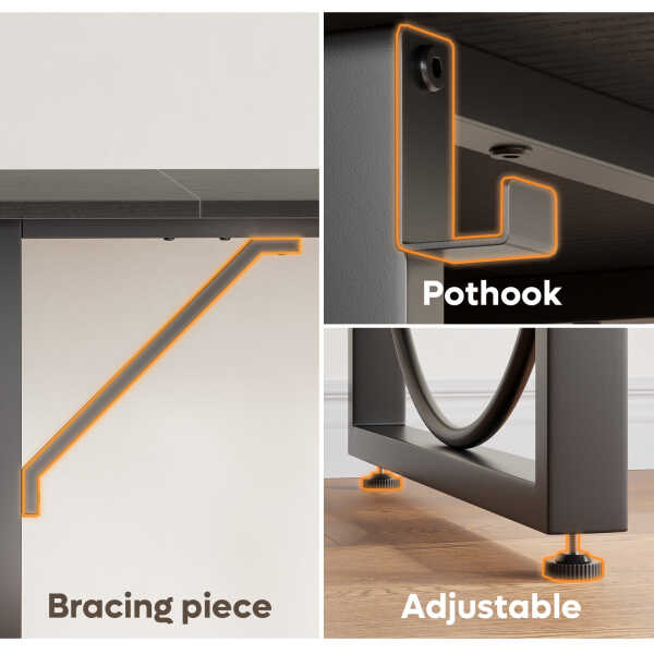 Pinmoco 63" Executive Desk, Lager Writing Desk with Metal Frame, Home and Office, Black with Walnut