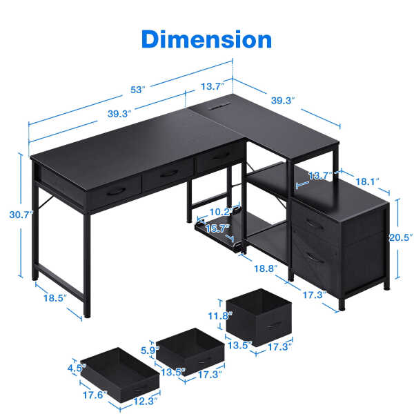 L Shaped Gaming Desk with File Drawer & Power Outlet, 53" Reversible Home Office Desk with Monitor Stand & Storage Drawers,