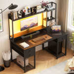 iSunirm Desk with LED Light and Power Outlet, 47.2'' Gaming Desk with Hutch, Reversible Computer Desk with Drawers, and Storage