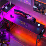 Bestier 61" Reversible Gaming Desk with PC Shelf Computer Desk with LED Light Carbon Fiber