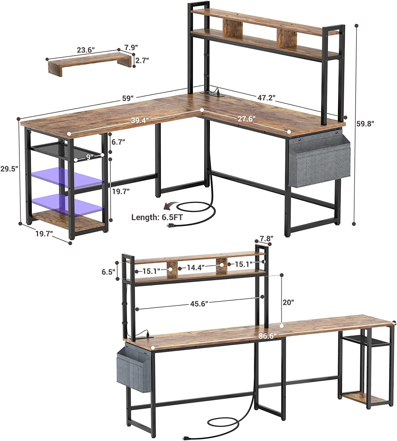 Homieasy L Shaped Desk with Power Outlet & USB Ports, 86.6'' Reversible L-Shaped Gaming Desk with Monitor Stand & LED Strip, 2