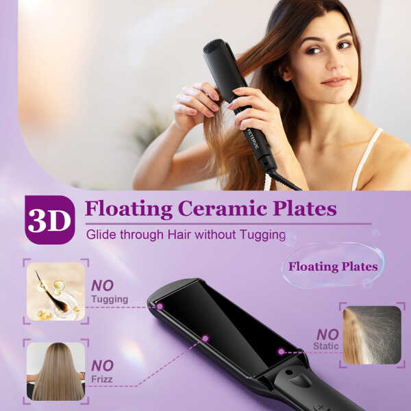 FETERVIC 1.57 Inch Ceramic Hair Straightener, Dual Voltage Flat Iron with 3D Floating Titanium Plates, LCD Display, 60-Min Auto
