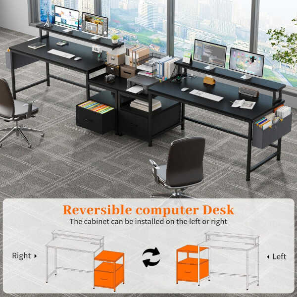 EnHomee 56.5" Computer Desk with Monitor Stand, Office Desk with Fabric File Cabinet, Gaming Computer Desk for Home Office