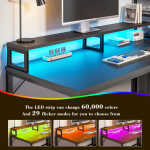 EnHomee 43.3" Gaming Desk with LED Lights & Power Outlets, Computer Desk with Drawers, Home Office Desks with Reversible Shelves