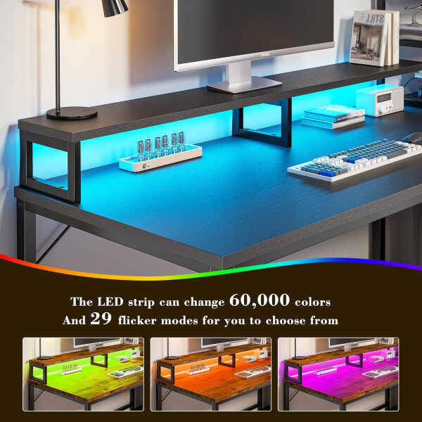 EnHomee 43.3" Gaming Desk with LED Lights & Power Outlets, Computer Desk with Drawers, Home Office Desks with Reversible Shelves