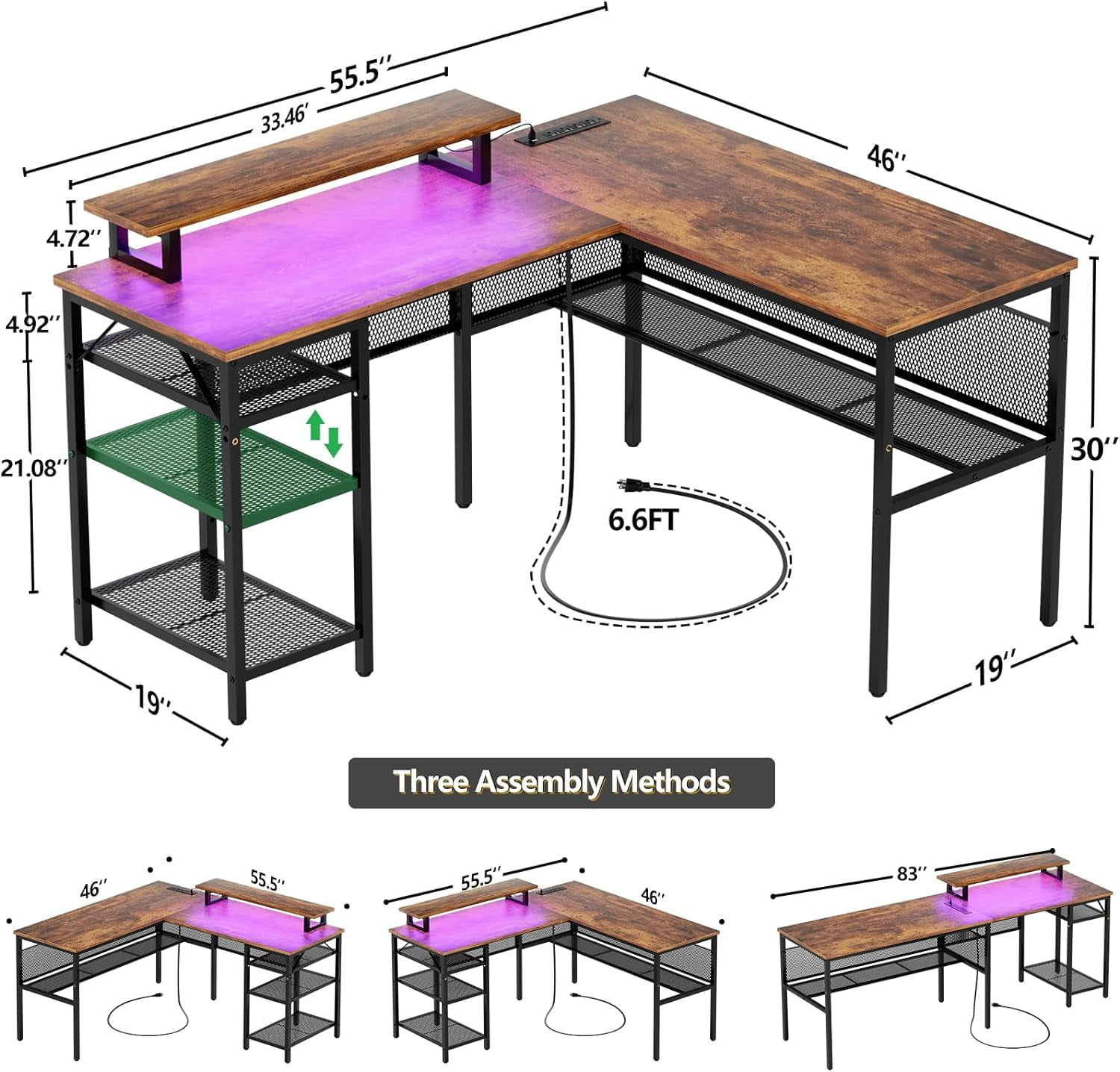 Homieasy L Shaped Computer Desk with Magic Power Outlets and Smart LED Light, Reversible 55 Inch Corner Office Desk with Monitor