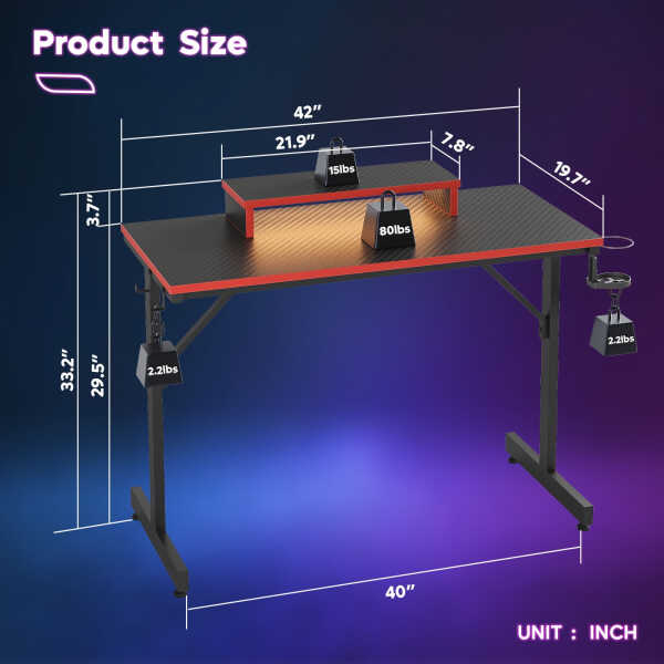 Bestier 42" Gaming Desk PC Computer Office Gamer Table Desk with LED Lights & Monitor Stand in Red