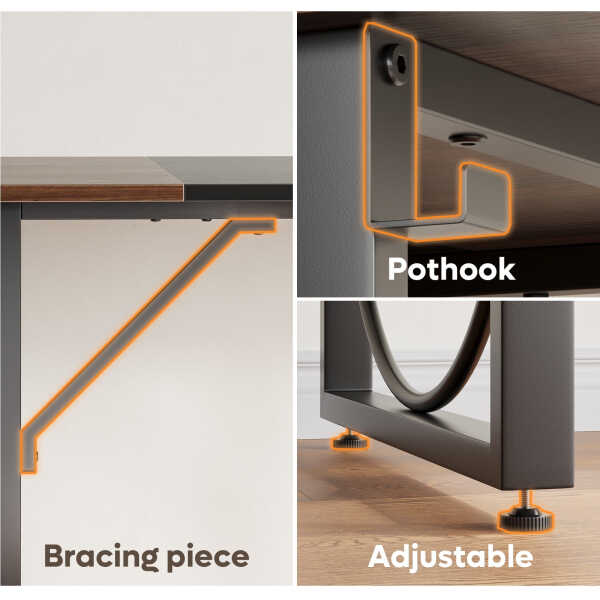 Pinmoco 63" Executive Desk, Lager Writing Desk with Metal Frame, Home and Office, Black with Walnut